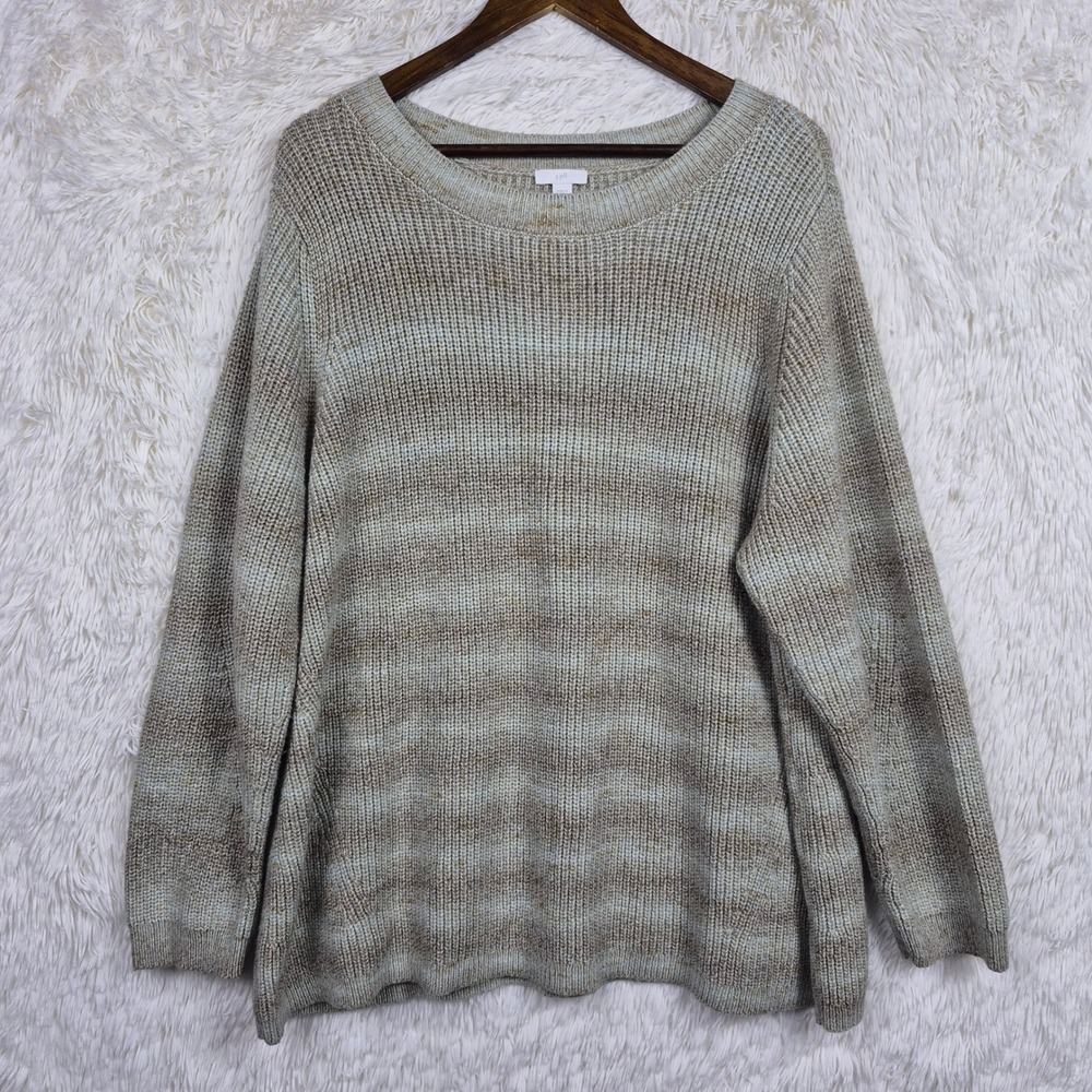 J. Jill Womens 3X Blue Tan Striped Shaker Knit Crew Neck Sweater Coastal